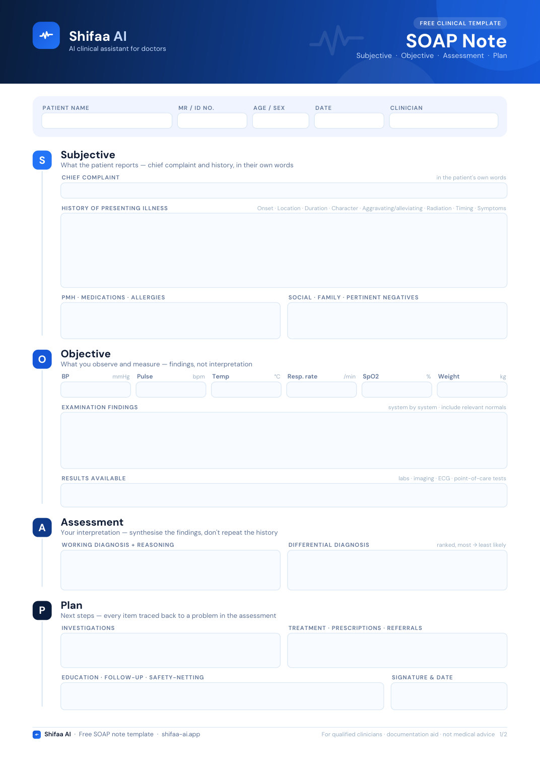 Free fillable SOAP note template by Shifaa AI — page 1